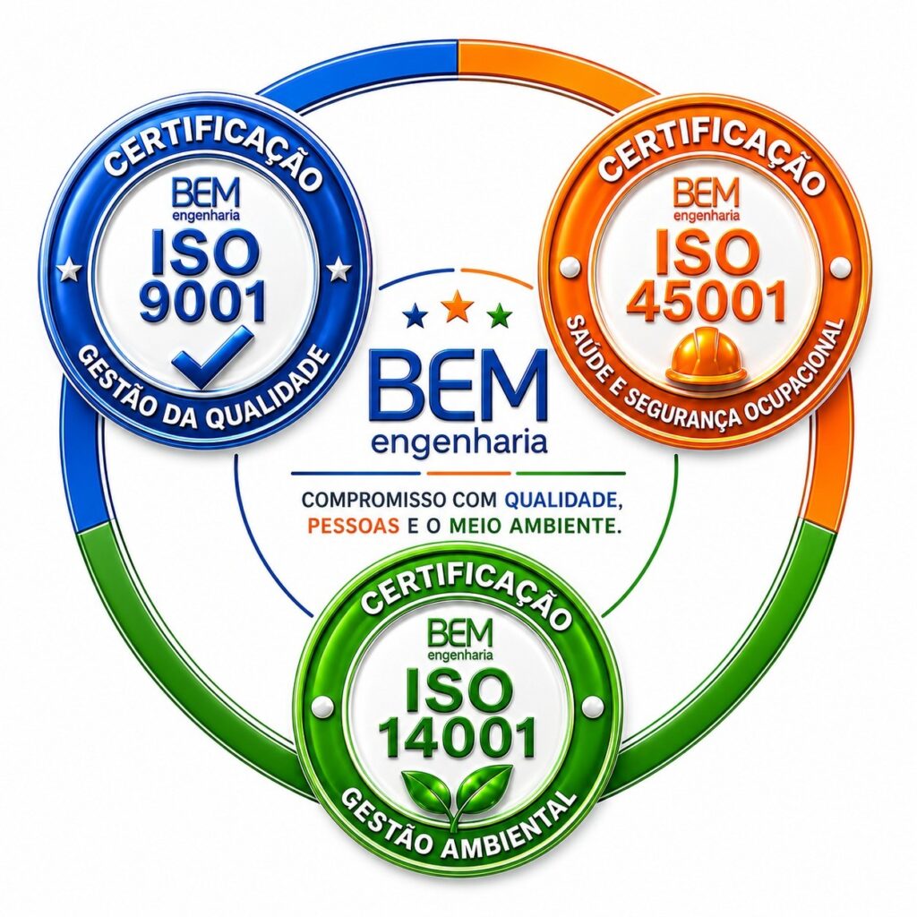 Selos das certificações ISO 9001, ISO 45001 e ISO 14001 da BEM Engenharia